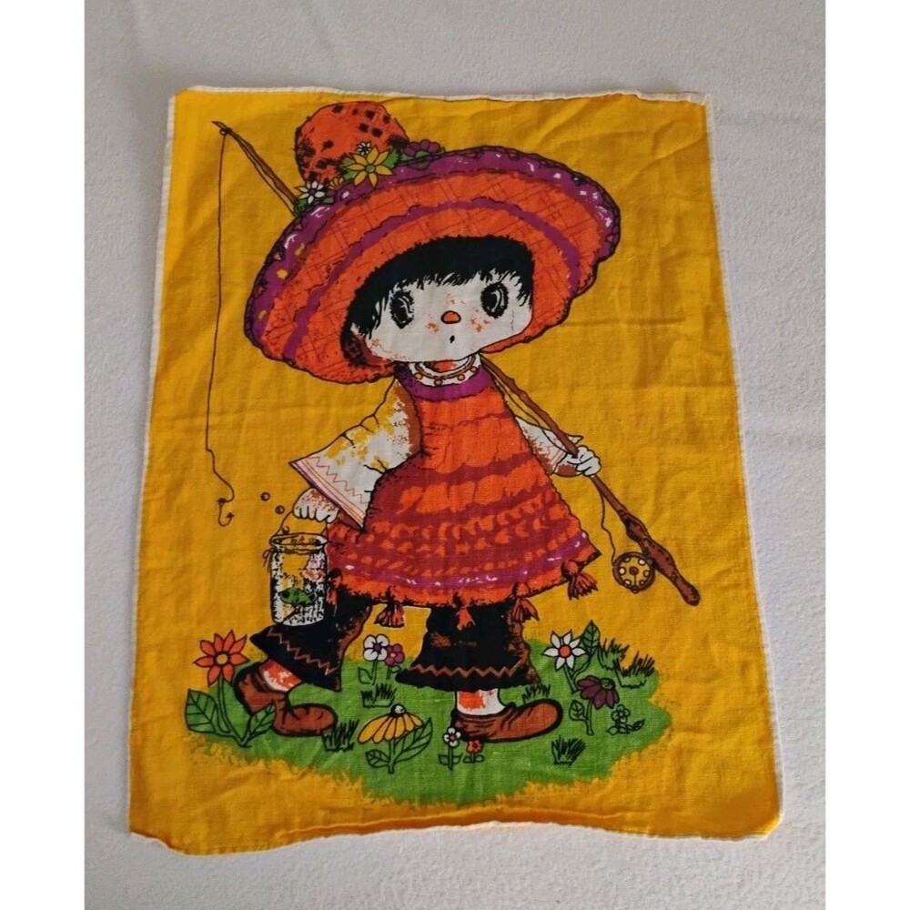 Vtg 70s Linen Tea Towel Boho Big Eyed Girl Going Fishing Yellow Orange Green